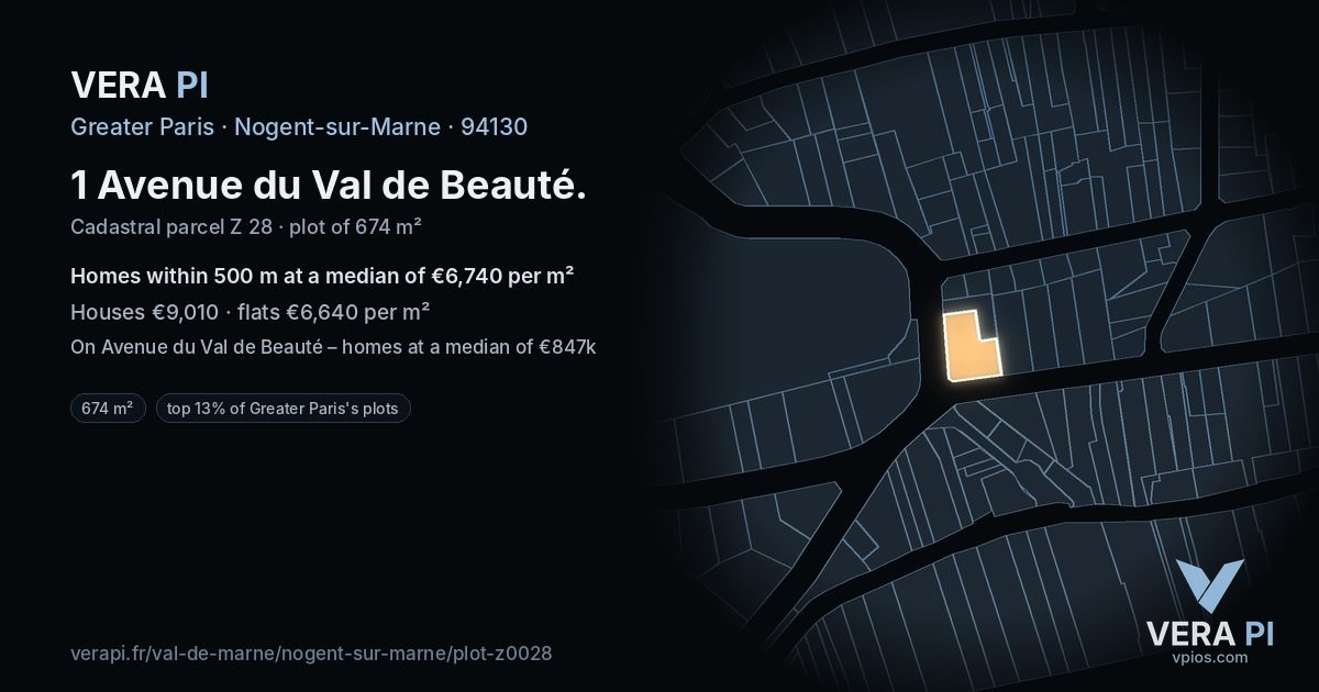 1 Avenue du Val de Beauté, Nogent-sur-Marne at night – the plot lit, the parcels around coloured by the prices near them