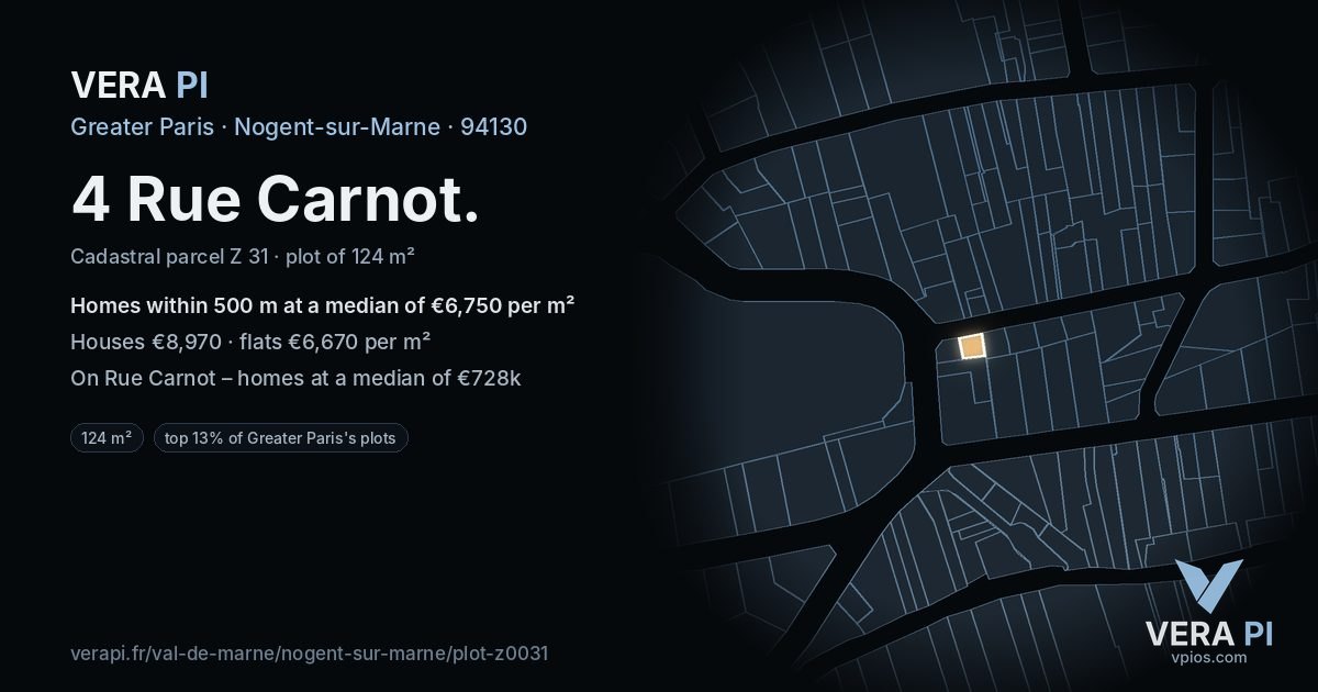 4 Rue Carnot, Nogent-sur-Marne at night – the plot lit, the parcels around coloured by the prices near them