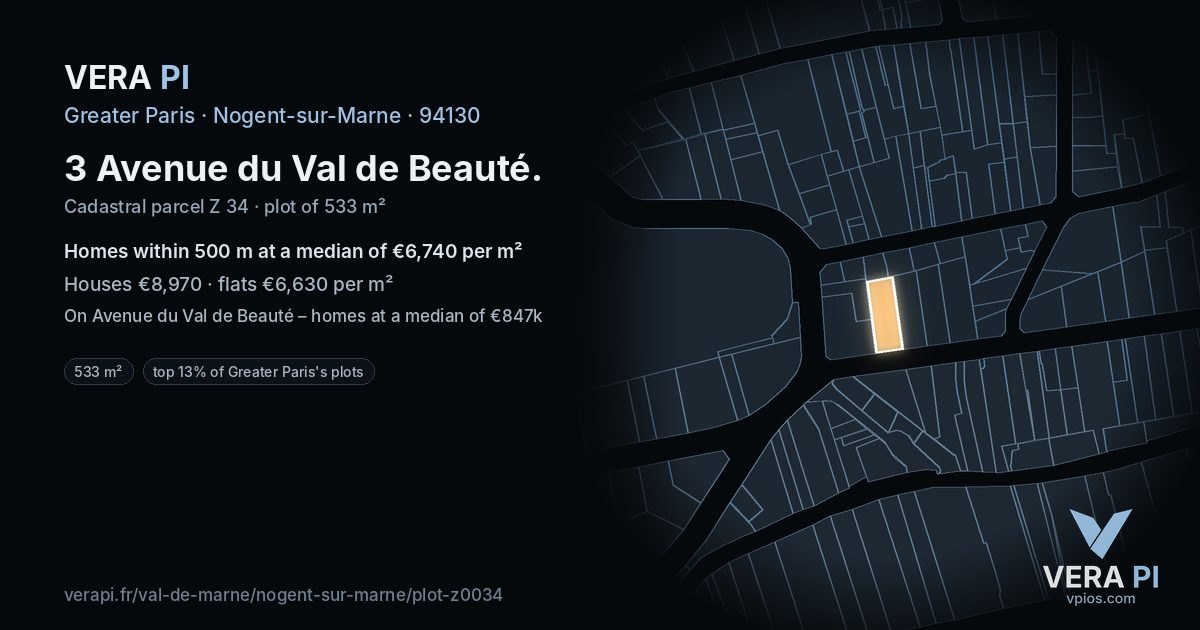 3 Avenue du Val de Beauté, Nogent-sur-Marne at night – the plot lit, the parcels around coloured by the prices near them