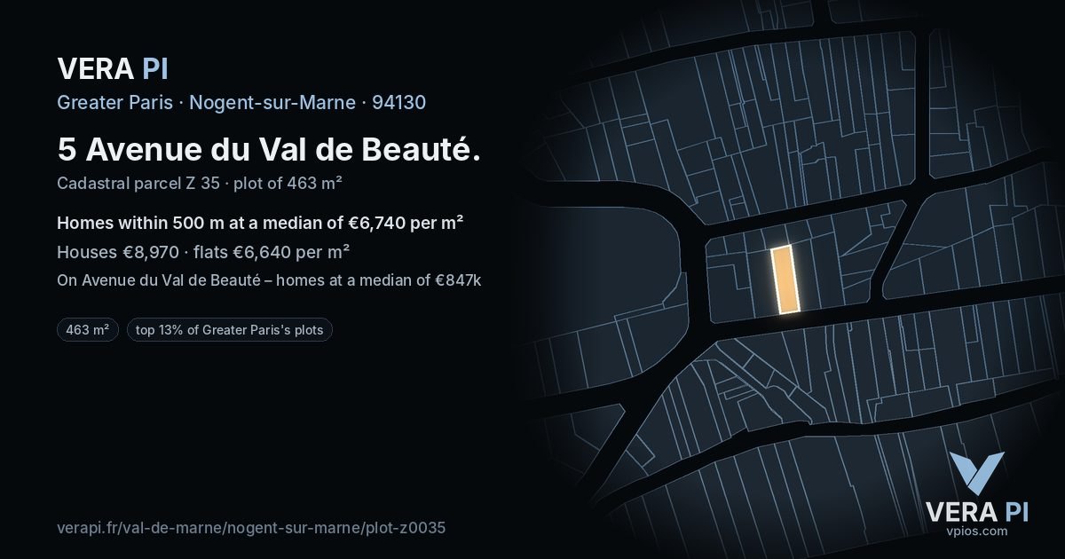 5 Avenue du Val de Beauté, Nogent-sur-Marne at night – the plot lit, the parcels around coloured by the prices near them