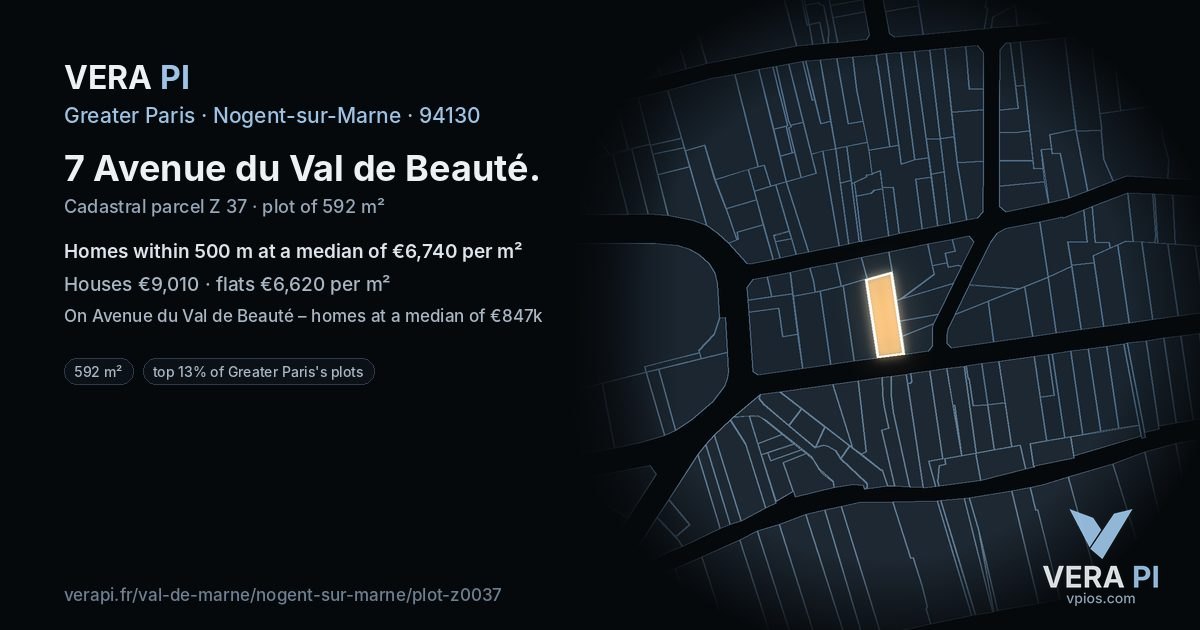 7 Avenue du Val de Beauté, Nogent-sur-Marne at night – the plot lit, the parcels around coloured by the prices near them