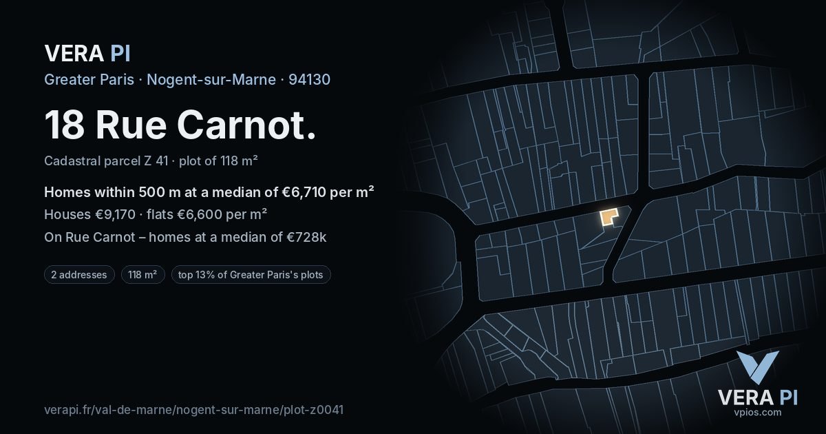 18 Rue Carnot, Nogent-sur-Marne at night – the plot lit, the parcels around coloured by the prices near them