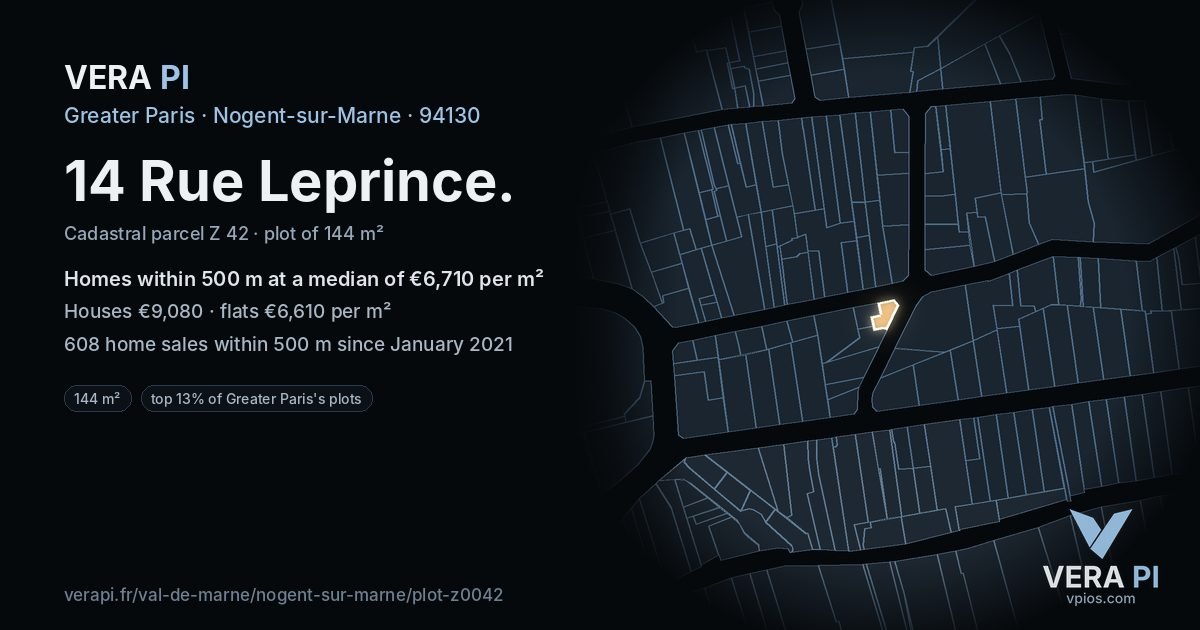 14 Rue Leprince, Nogent-sur-Marne at night – the plot lit, the parcels around coloured by the prices near them