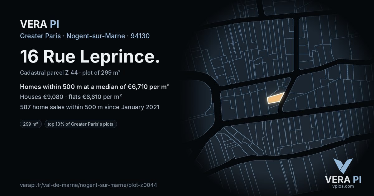 16 Rue Leprince, Nogent-sur-Marne at night – the plot lit, the parcels around coloured by the prices near them