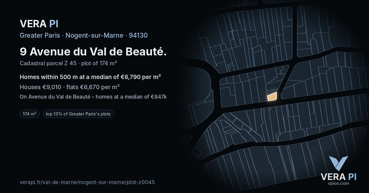 9 Avenue du Val de Beauté, Nogent-sur-Marne at night – the plot lit, the parcels around coloured by the prices near them