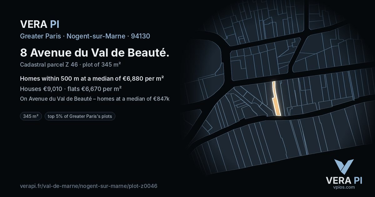 8 Avenue du Val de Beauté, Nogent-sur-Marne at night – the plot lit, the parcels around coloured by the prices near them