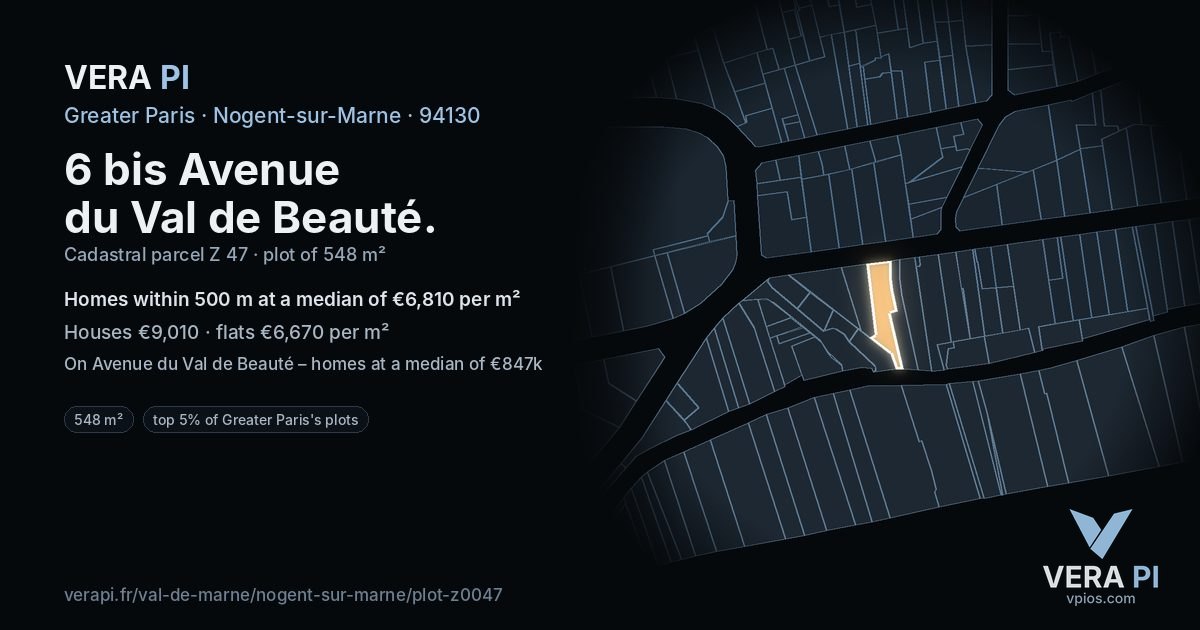 6 bis Avenue du Val de Beauté, Nogent-sur-Marne at night – the plot lit, the parcels around coloured by the prices near them