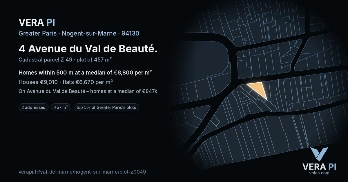 4 Avenue du Val de Beauté, Nogent-sur-Marne at night – the plot lit, the parcels around coloured by the prices near them