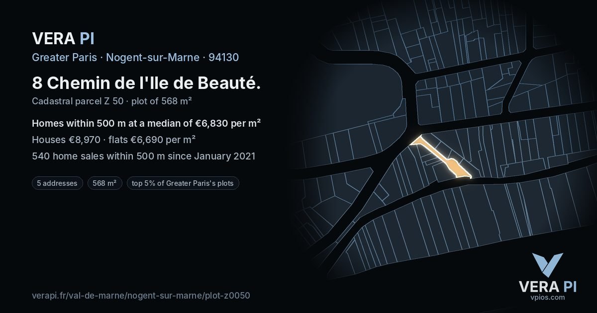 8 Chemin de l'Ile de Beauté, Nogent-sur-Marne at night – the plot lit, the parcels around coloured by the prices near them