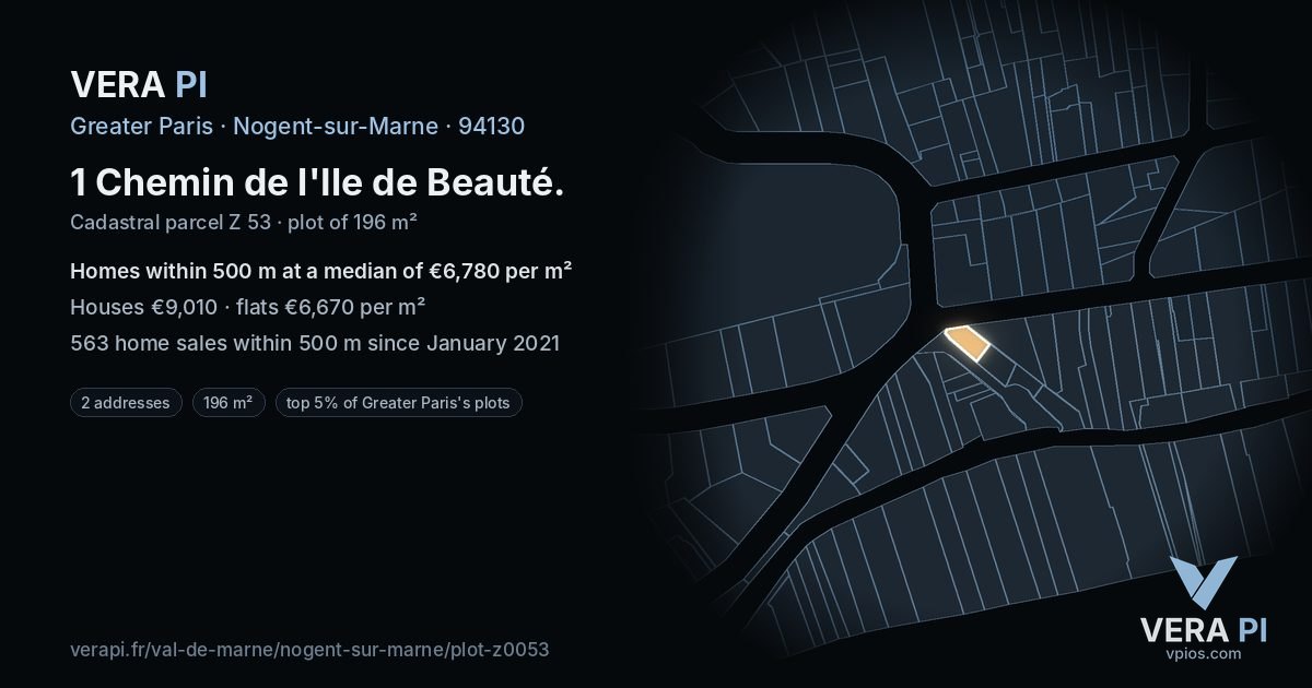 1 Chemin de l'Ile de Beauté, Nogent-sur-Marne at night – the plot lit, the parcels around coloured by the prices near them