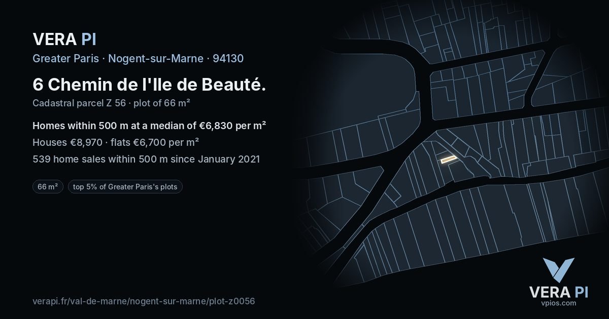 6 Chemin de l'Ile de Beauté, Nogent-sur-Marne at night – the plot lit, the parcels around coloured by the prices near them