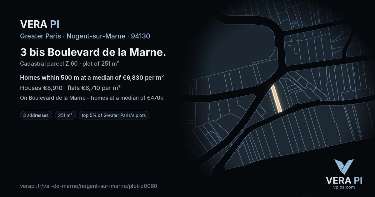 3 bis Boulevard de la Marne, Nogent-sur-Marne at night – the plot lit, the parcels around coloured by the prices near them