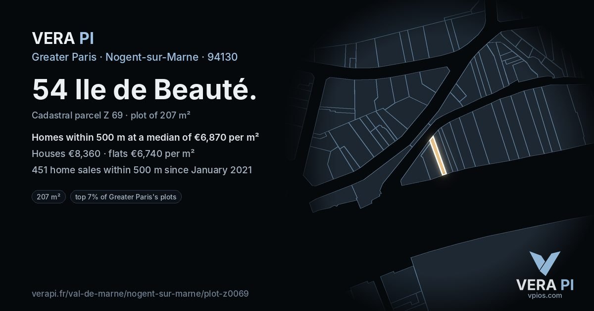 54 Ile de Beauté, Nogent-sur-Marne at night – the plot lit, the parcels around coloured by the prices near them