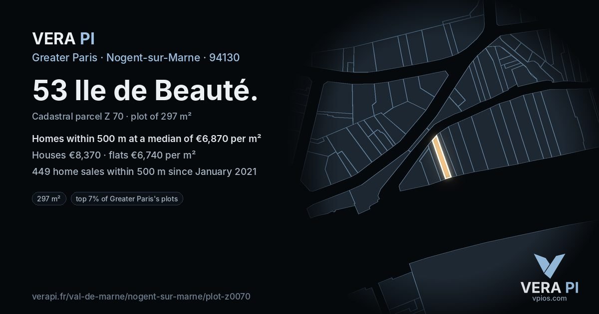 53 Ile de Beauté, Nogent-sur-Marne at night – the plot lit, the parcels around coloured by the prices near them