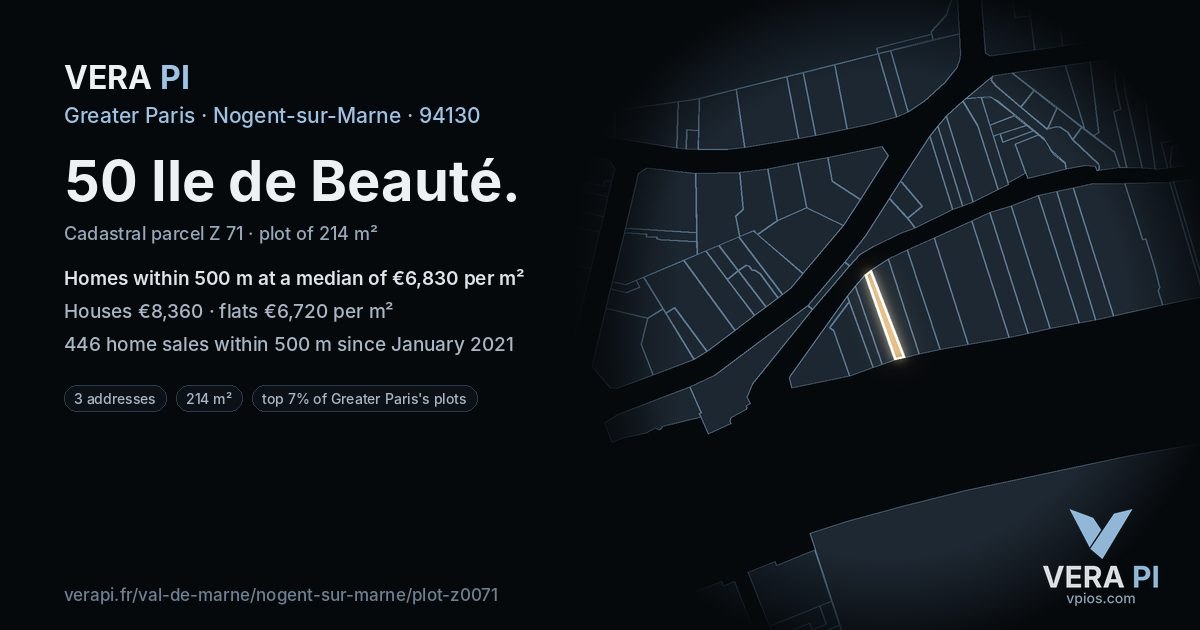 50 Ile de Beauté, Nogent-sur-Marne at night – the plot lit, the parcels around coloured by the prices near them