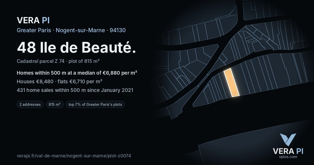 48 Ile de Beauté, Nogent-sur-Marne at night – the plot lit, the parcels around coloured by the prices near them