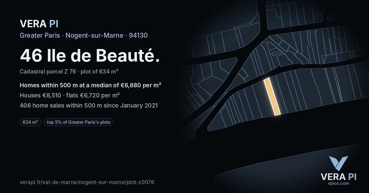 46 Ile de Beauté, Nogent-sur-Marne at night – the plot lit, the parcels around coloured by the prices near them