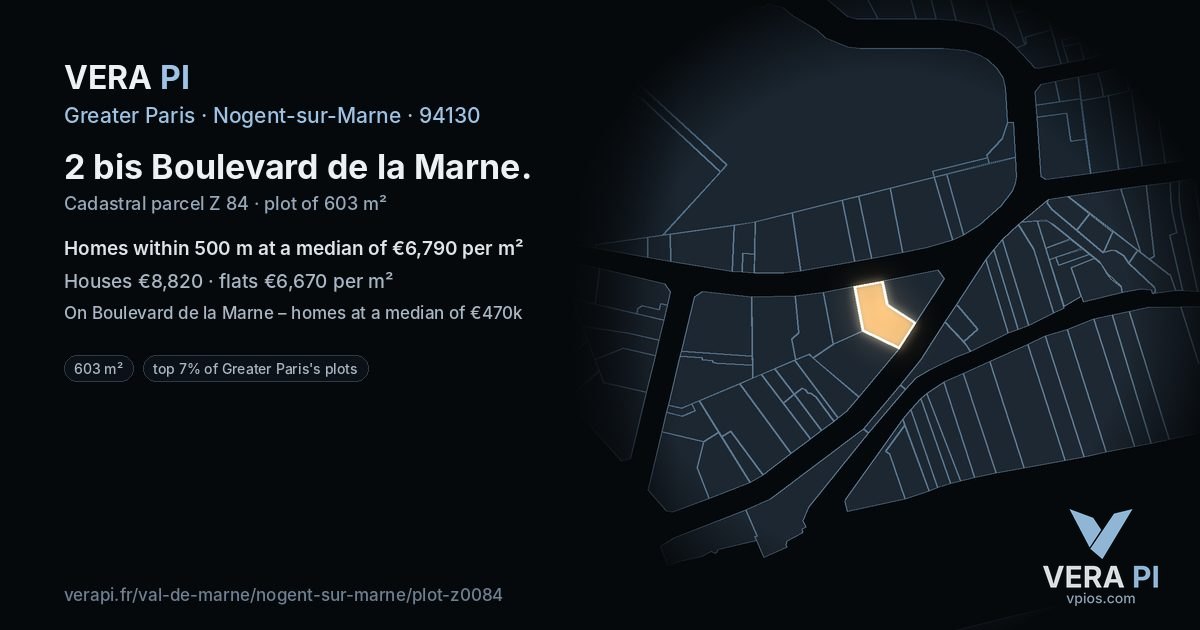 2 bis Boulevard de la Marne, Nogent-sur-Marne at night – the plot lit, the parcels around coloured by the prices near them