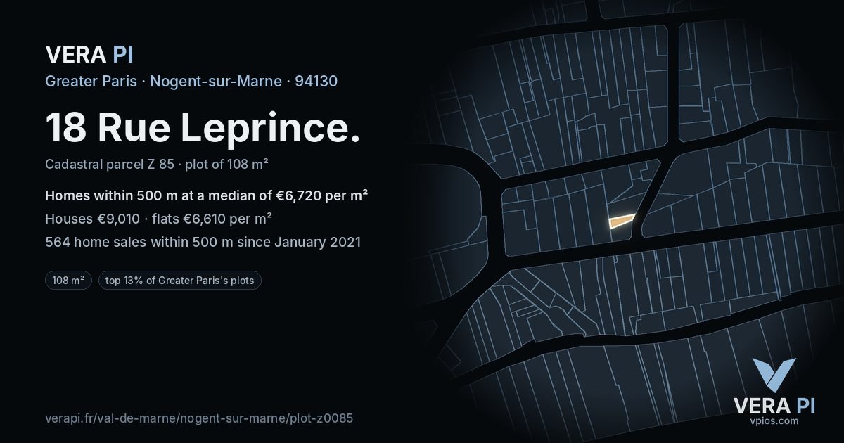 18 Rue Leprince, Nogent-sur-Marne at night – the plot lit, the parcels around coloured by the prices near them