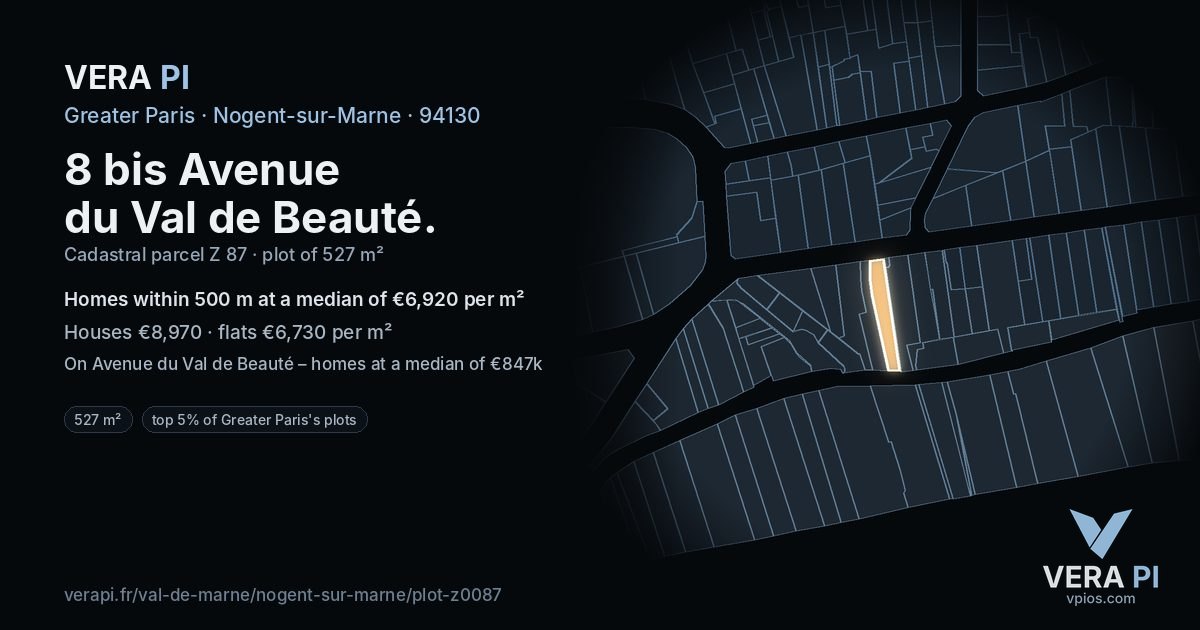 8 bis Avenue du Val de Beauté, Nogent-sur-Marne at night – the plot lit, the parcels around coloured by the prices near them
