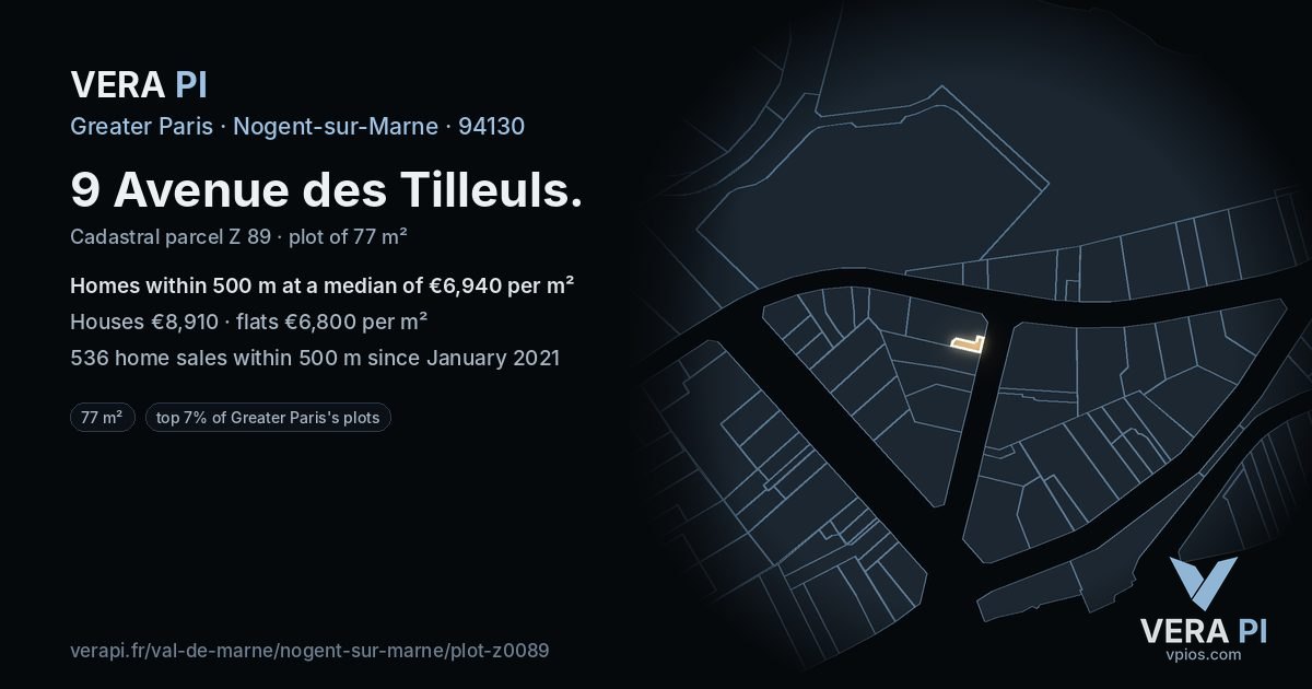 9 Avenue des Tilleuls, Nogent-sur-Marne at night – the plot lit, the parcels around coloured by the prices near them