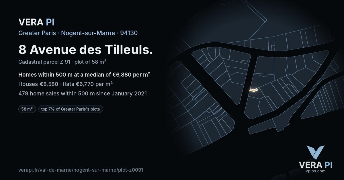 8 Avenue des Tilleuls, Nogent-sur-Marne at night – the plot lit, the parcels around coloured by the prices near them