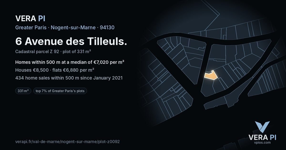 6 Avenue des Tilleuls, Nogent-sur-Marne at night – the plot lit, the parcels around coloured by the prices near them