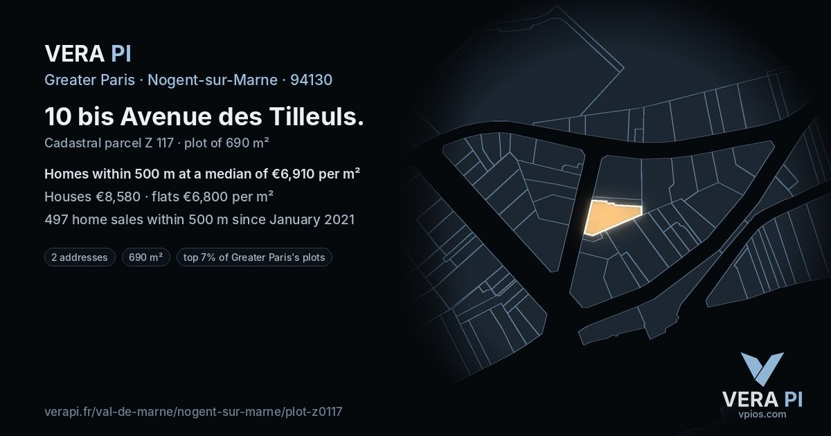 10 bis Avenue des Tilleuls, Nogent-sur-Marne at night – the plot lit, the parcels around coloured by the prices near them