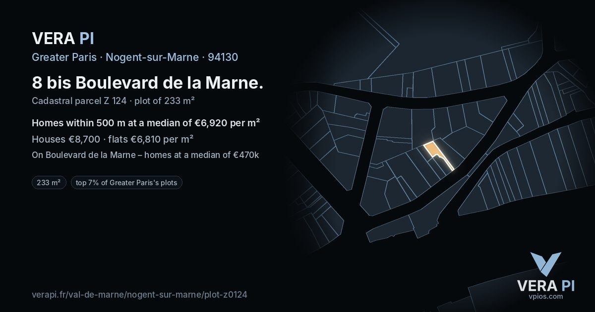 8 bis Boulevard de la Marne, Nogent-sur-Marne at night – the plot lit, the parcels around coloured by the prices near them