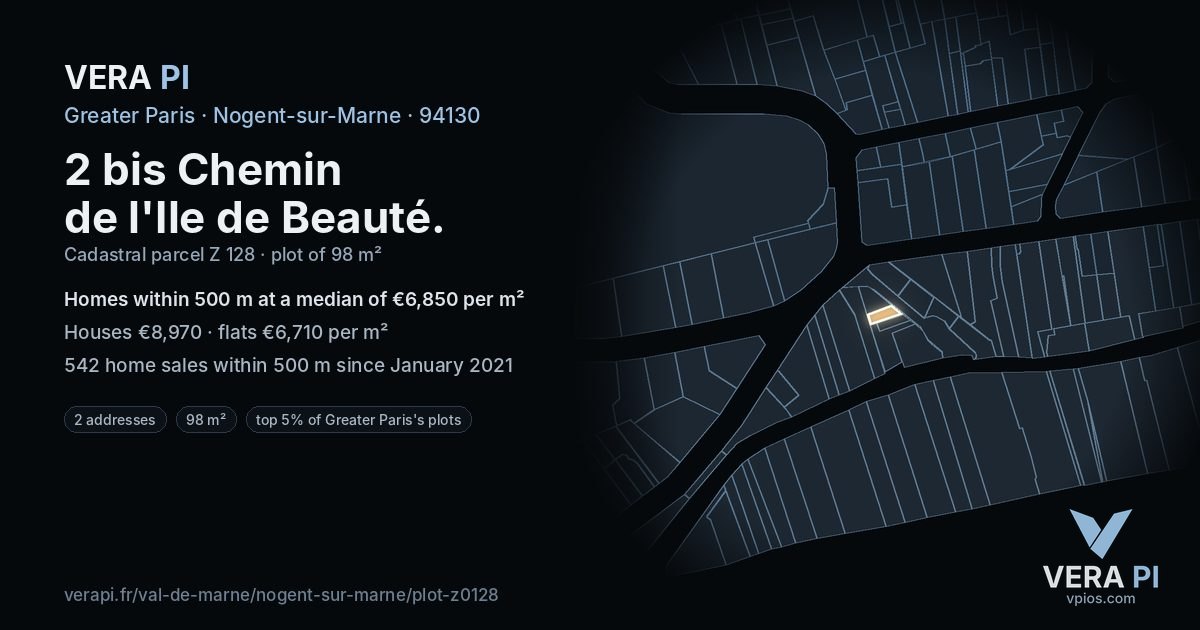 2 bis Chemin de l'Ile de Beauté, Nogent-sur-Marne at night – the plot lit, the parcels around coloured by the prices near them