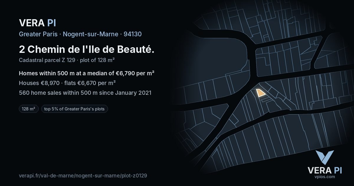 2 Chemin de l'Ile de Beauté, Nogent-sur-Marne at night – the plot lit, the parcels around coloured by the prices near them