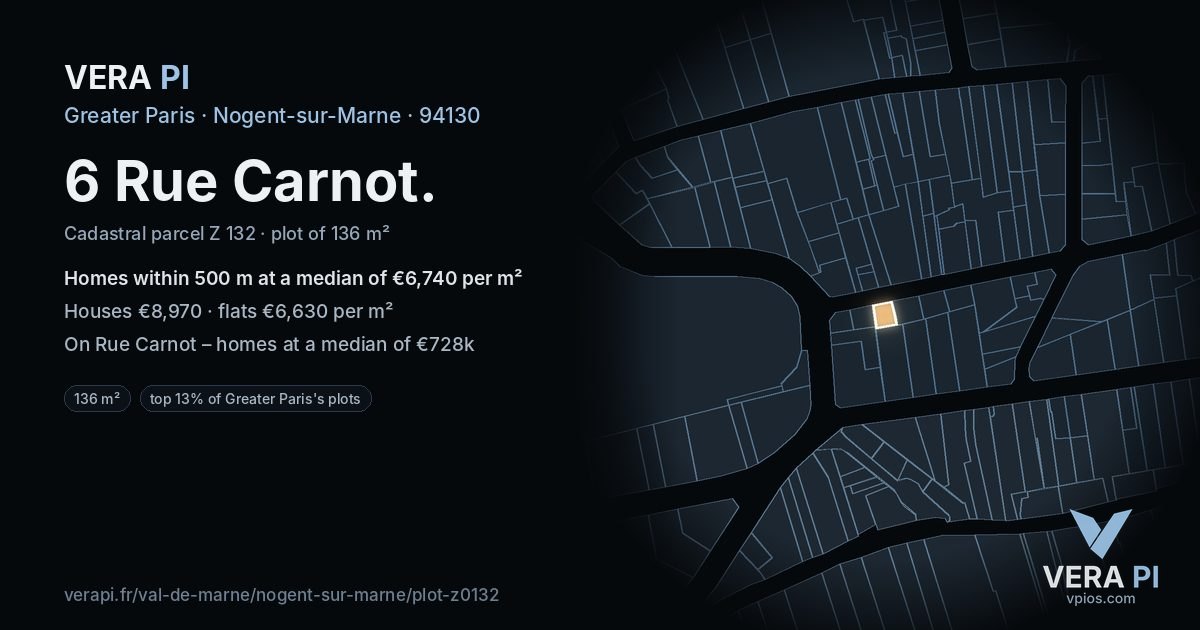 6 Rue Carnot, Nogent-sur-Marne at night – the plot lit, the parcels around coloured by the prices near them