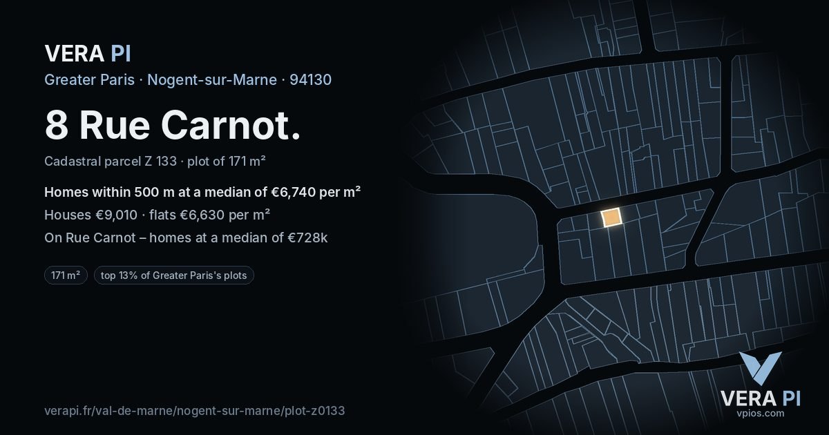 8 Rue Carnot, Nogent-sur-Marne at night – the plot lit, the parcels around coloured by the prices near them