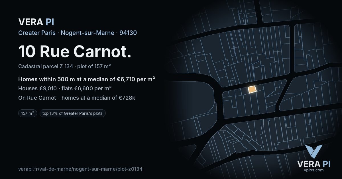 10 Rue Carnot, Nogent-sur-Marne at night – the plot lit, the parcels around coloured by the prices near them