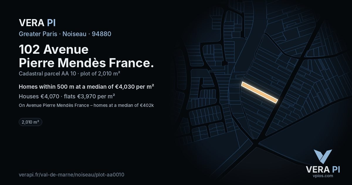 102 Avenue Pierre Mendès France, Noiseau at night – the plot lit, the parcels around coloured by the prices near them