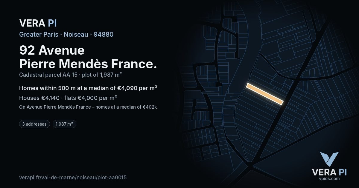 92 Avenue Pierre Mendès France, Noiseau at night – the plot lit, the parcels around coloured by the prices near them