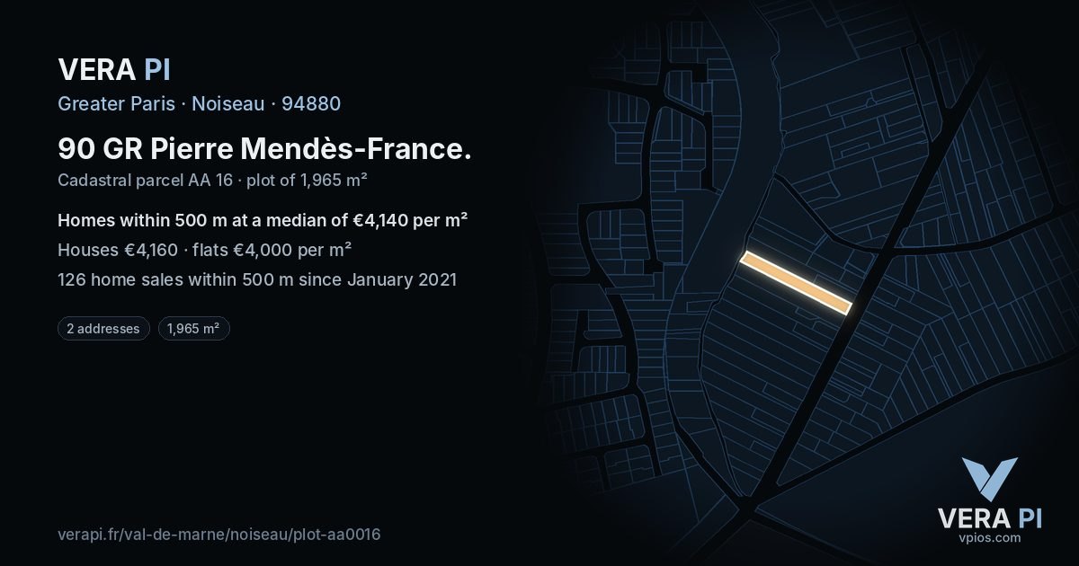 90 GR Pierre Mendès-France, Noiseau at night – the plot lit, the parcels around coloured by the prices near them
