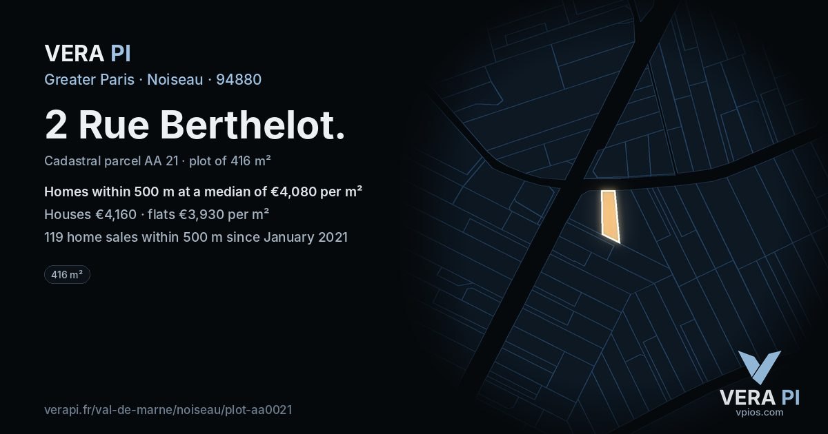 2 Rue Berthelot, Noiseau at night – the plot lit, the parcels around coloured by the prices near them