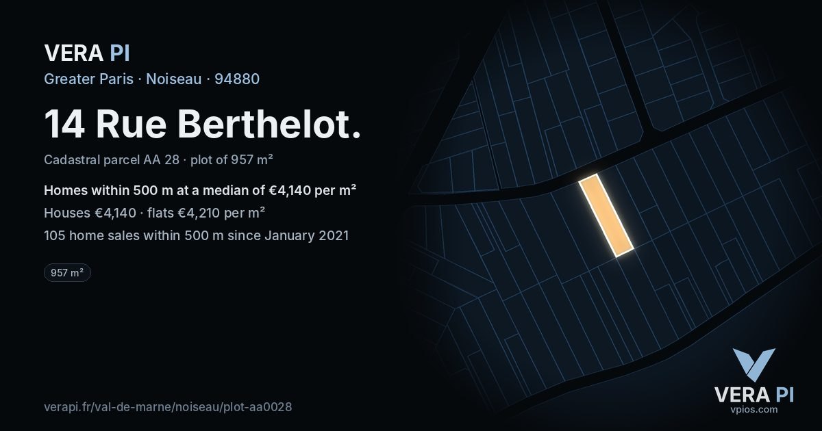 14 Rue Berthelot, Noiseau at night – the plot lit, the parcels around coloured by the prices near them