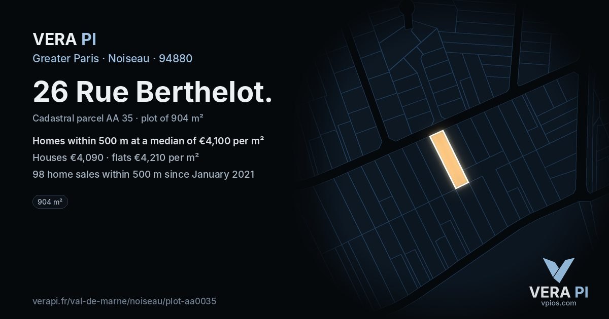 26 Rue Berthelot, Noiseau at night – the plot lit, the parcels around coloured by the prices near them