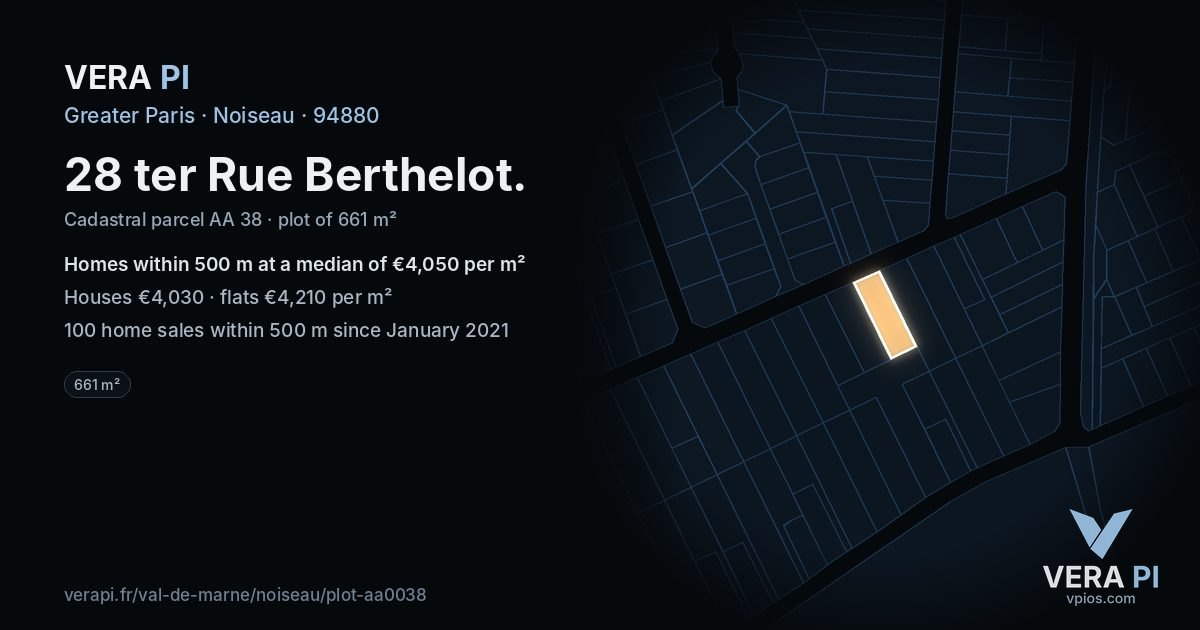 28 ter Rue Berthelot, Noiseau at night – the plot lit, the parcels around coloured by the prices near them