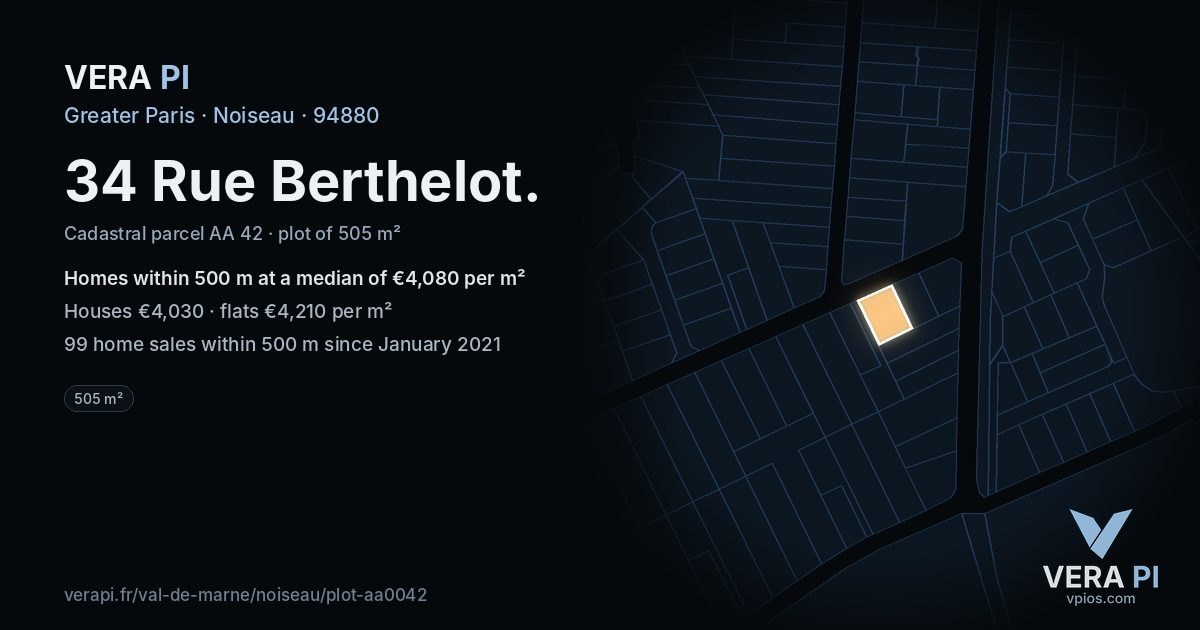 34 Rue Berthelot, Noiseau at night – the plot lit, the parcels around coloured by the prices near them