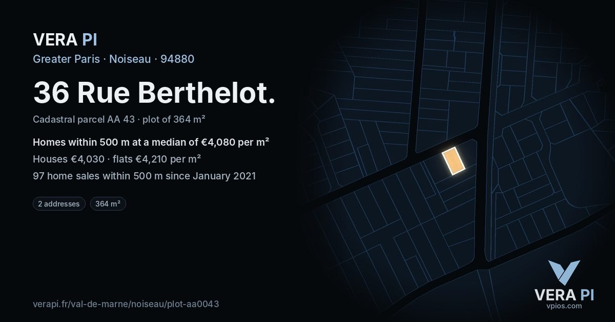 36 Rue Berthelot, Noiseau at night – the plot lit, the parcels around coloured by the prices near them
