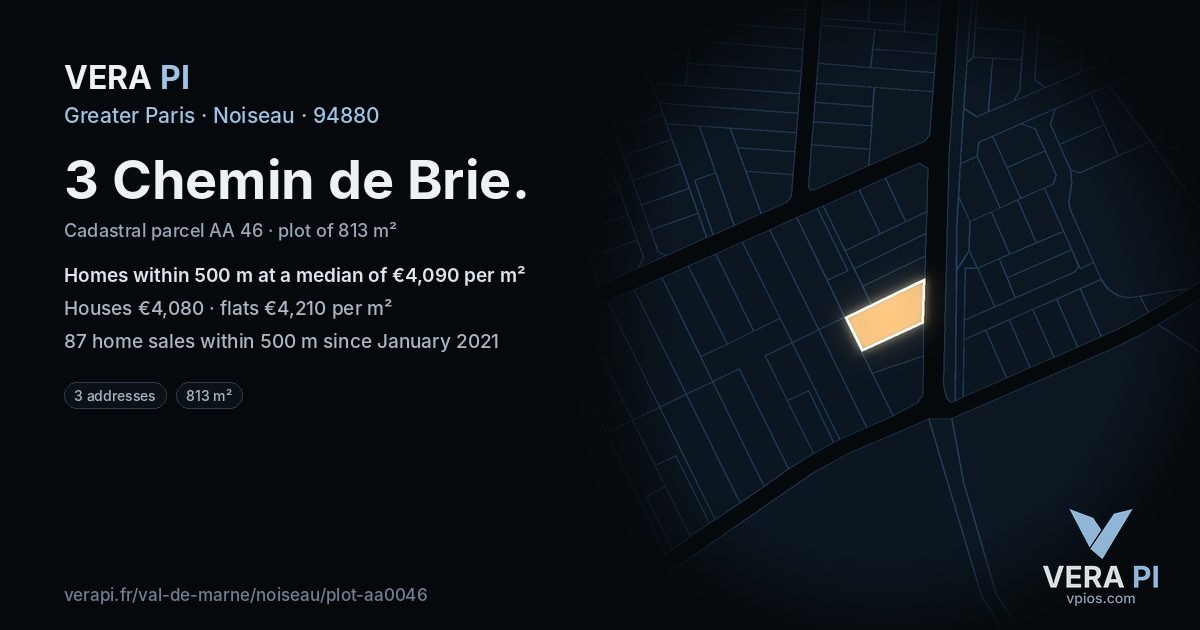 3 Chemin de Brie, Noiseau at night – the plot lit, the parcels around coloured by the prices near them