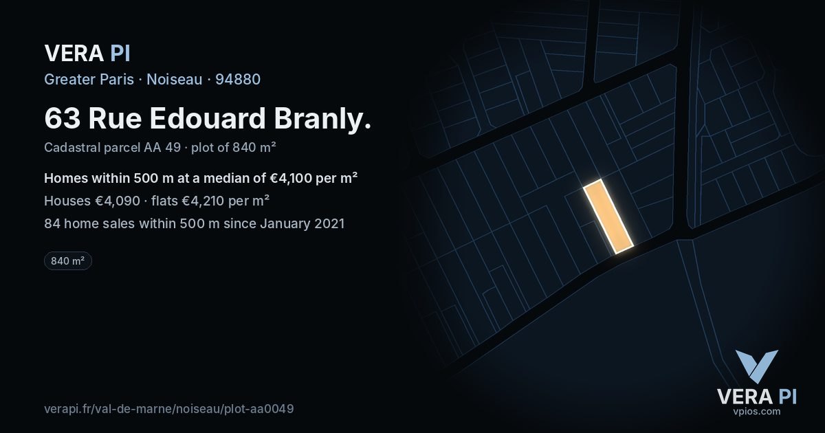 63 Rue Edouard Branly, Noiseau at night – the plot lit, the parcels around coloured by the prices near them