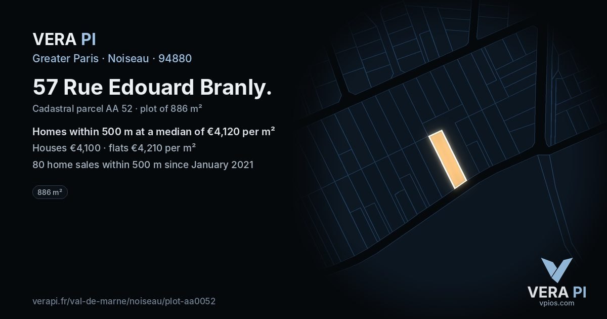 57 Rue Edouard Branly, Noiseau at night – the plot lit, the parcels around coloured by the prices near them