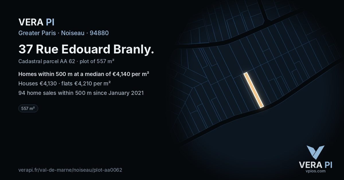 37 Rue Edouard Branly, Noiseau at night – the plot lit, the parcels around coloured by the prices near them