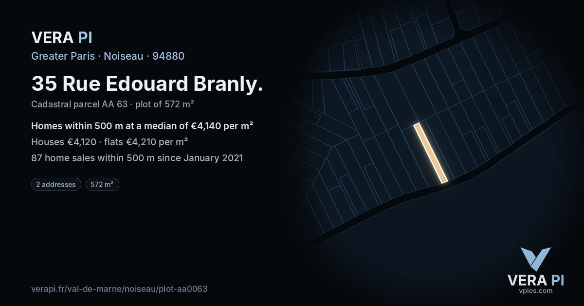 35 Rue Edouard Branly, Noiseau at night – the plot lit, the parcels around coloured by the prices near them