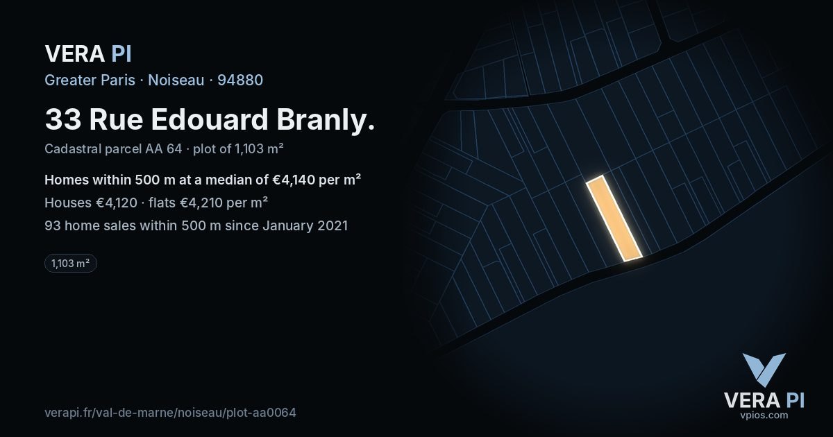 33 Rue Edouard Branly, Noiseau at night – the plot lit, the parcels around coloured by the prices near them