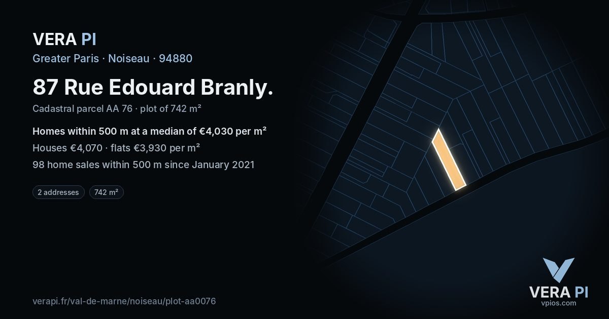 87 Rue Edouard Branly, Noiseau at night – the plot lit, the parcels around coloured by the prices near them